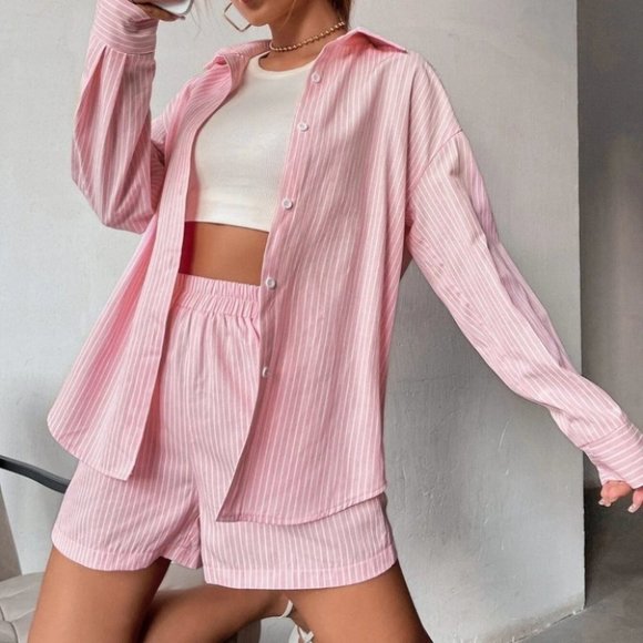 Private Label Tops - PINK STRIPED BLOUSE AND SHORTS SET SUMMER STREETWEAR